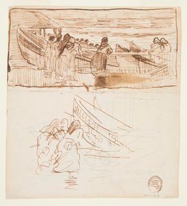 Deux études de femmes debout derrière une balustrade, regardant le lancement de doris, Cullercoats, Angleterre - Winslow Homer