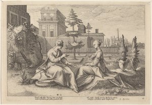Junon sous la forme de Béroé, avertissant Sémélé - Workshop of Hendrick Goltzius, after Hendrick Goltzius
