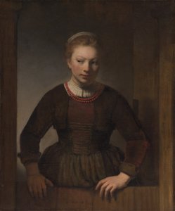 Jeune femme devant une demi-porte ouverte - Workshop of Rembrandt van Rijn