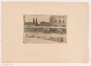 Paysage avec bâtiments et une figure au travail