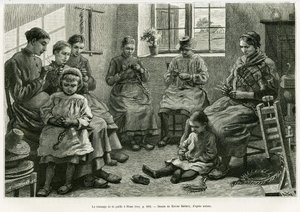 Le tressage de la paille à Sluze. Gravure de Xavier Mellery pour illustrer le récit La Belgique, par Camille Lemonnier, dans Le Tour du monde 1886, dirigé par Édouard Charton (1807-1890), Hachette, Paris. - Xavier Mellery