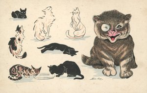 Gros chat, portant un monocle, aux côtés de divers autres chats moins favorisés