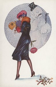 Carte de Nouvel An avec une fille et un bonhomme de neige - Xavier Sager