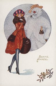 Carte de Nouvel An avec une fille et un bonhomme de neige - Xavier Sager