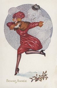 Carte de Nouvel An avec une fille et un bonhomme de neige