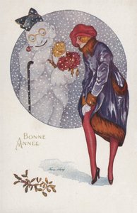 Carte de Nouvel An avec une fille et un bonhomme de neige - Xavier Sager