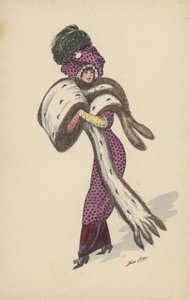 Jolie fille, en robe à pois violette, avec une grande manchon de fourrure et une draperie - Xavier Sager