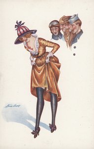 Jolie fille, relevant sa jupe pour montrer sa jambe, au grand amusement des soldats - Xavier Sager