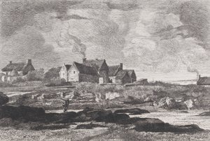 Paysage de campagne avec une rivière à droite et des maisons en arrière-plan
