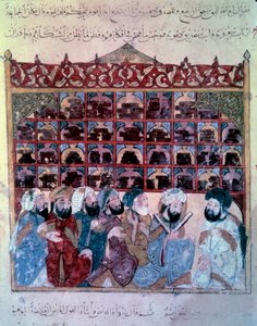 Le navigateur vagabond Abu-Zayd tenant un discours à la bibliothèque de Bassora. Miniature des Maqamat (Séances) d