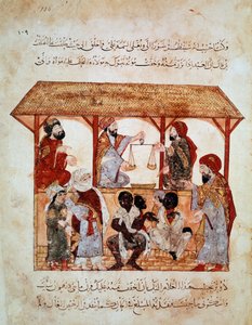 Marche des esclaves à Zabid (Zebid), Yémen. Miniature dans "Les Séances. Al-Maqamat" (Folio 105) enluminée par Yahya ben Mahmud al-Wasiti et écrite par Hariri al-Basri, al-Qasim ibn Ali al (1054-1122)