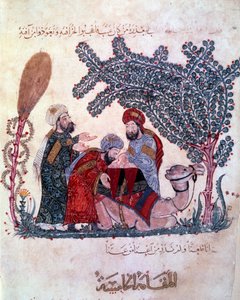 Le bourgeois al-Harith, fils de Hammam, découvre un message du navigateur errant Abu-Zayd. Miniature tirée des Maqamat (Séances) d