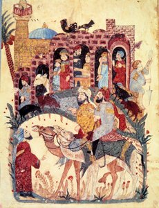 Le bourgeois al-Harith et le navigateur errant Abu-Zayd arrivent dans une ville, la mosquée et le minaret, les activités commerciales, les bazars et le travail des femmes sont décrits. Miniature tirée des Maqamat par Abu Mohammed al-Kasim ibn Ali Hariri