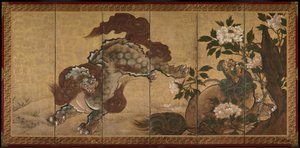 Lions et tigres dans les pivoines et le bambou - Yamaguchi Sekkei