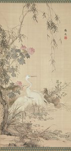 Aigrettes, pivoines et saules, début du 19ème siècle