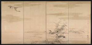 Oies, roseaux et eau