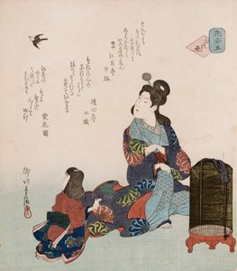 Kokoro no hana "Fleurs du cœur", expression poétique comparant les émotions humaines changeantes à des fleurs facilement dispersées, illustrant une mère et sa fille regardant un oiseau libéré de sa cage, avec des poèmes de Shinshu Kogetsutei Soyu, Gosh