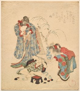 Deux filles avec leur petit frère qui a renversé le set de saké