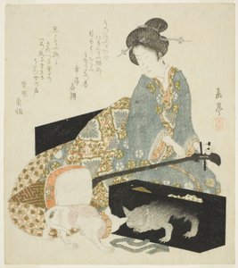 Femme avec shamisen et chat - Yashima Gakutei