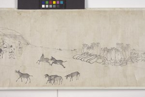 Cent ânes transportant du grain, rouleau à main, vers 1700