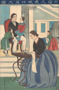 Famille étrangère avec femme faisant des vêtements, 1860 - Yoshikazu