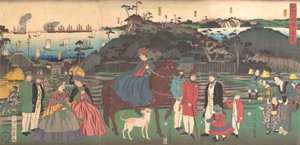 Étrangers visitant le célèbre site du mont Gongen à Kanagawa, 2ème mois, 1861