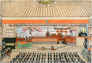 Théâtre traditionnel japonais : la scène du Kaboukiza, le principal théâtre de Tokyo, avec sa plateforme tournante - Yoshimune Arai