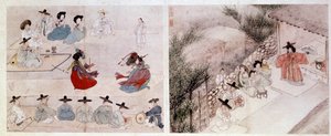 Art coréen : scène de combat de femmes, scène de la vie quotidienne. Impressions de Sin Yun Bok (ou Hyewon fait en 1758). XVIIIe ou XIXe siècle. Collection Hyung Pil Chun - Yun bok Sin