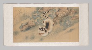 Rouleau suspendu avec coquelicots, papillons et un chat (partie supérieure) - Yun Bing