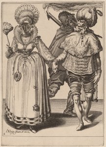 Un homme avec un turban menant une femme portant des plumes de paon - Zacharias Dolendo after Jacques de Gheyn II