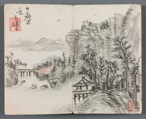 Album miniature avec figures et paysage (Paysage de falaise avec pont)