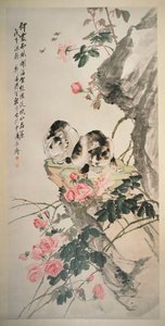 Chats sur un rocher avec des roses - Zhang Cheng