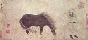 Cheval et palefrenier en hiver