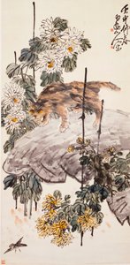 Chat, oiseau et chrysanthèmes - Zhen Wang