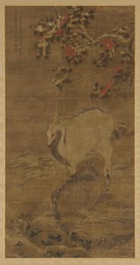 Un cerf, une biche et des camélias rouges dans la neige - Zhou Yuan