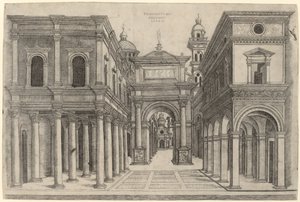 Une rue avec divers bâtiments, colonnades et une arche