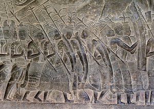 Angkor Wat, Angkor, Cambodge, début du XIIe siècle avec ajouts ultérieurs. Ce détail des reliefs dans la galerie montre les Thaïlandais marchant comme alliés de l