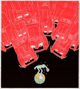 Voitures attaquant le dernier piéton sur terre. 1929 (Caricature) - . .