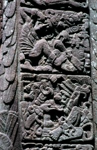 Hiéroglyphes sur la Stèle D à Quirigua, Izabal, Guatemala, période classique tardive, c.600-900 AD