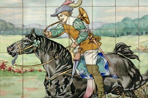 Vue intérieure, panneau de carreaux, peintre Furcy Ernest Tondeur, exécutant Boch Frères La Louvière, deuxième panneau montre une scène de chasse avec un cavalier galopant avec un cor de chasse - . .