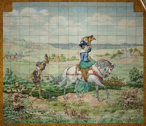 Vue intérieure, panneau de carreaux, peintre Furcy Ernest Tondeur, exécutant Boch Frères La Louvière, deuxième panneau, scène de chasse avec un noble et une noble dame avec des faucons - . .