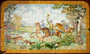Vue intérieure, panneau de carreaux, peintre Furcy Ernest Tondeur, exécutant Boch Frères La Louvière, premier panneau, scène de chasse avec trois cavaliers - . .