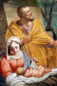 Scène de la Nativité. Sainte famille. Basilique Santa Maria delle Vigne. Gênes. Italie.
