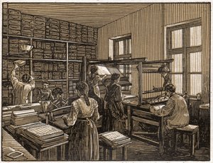 Imprimerie à Budapest, Hongrie : façonnage et préparation des livres. Travail des femmes. vers 1910 (Illustration) - . .