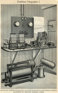Progrès des télécommunications : tableau de science et technologie représentant une ancienne station télégraphique. Illustration tirée de « Meyers Grosses Konversations-Lexikon » 1904. Bibliographisches Institut, Leipzig et Vienne - Ferdinand Georg Waldmuller