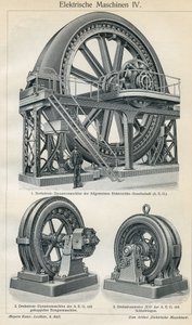 Tableau de science et technologie représentant des machines électriques industrielles à courant triphasé. Illustration tirée de « Meyers Grosses Konversations-Lexikon » 1904. Bibliographisches Institut, Leipzig et Vienne
