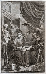 Le festin des moines violant les règles monastiques. Ils boivent du vin, courtisent les servantes. XVIIIe siècle (gravure)