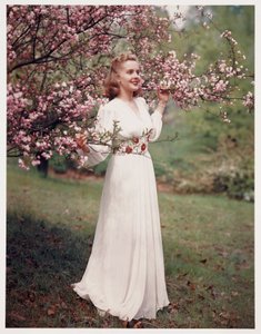 Femme modélisant une robe près des fleurs, vers les années 1940 - Frederick (attr. to) Barnard