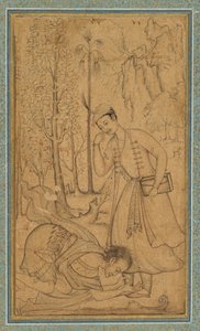 Un saint homme se prosternant devant un prince érudit, vers 1585, bordure ajoutée probablement dans les années 1700 -   Manohar
