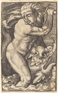 Copie inversée de "Dieu de la Mer à Gauche Montant un Dauphin" - after Barthel Beham